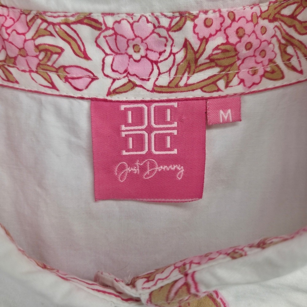 Just Dandy Women M White Pink Cotton Hydrangea Floral Shirt Dress Short Sleeve